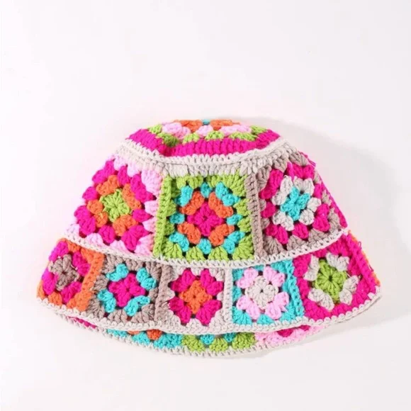 Multi Bright Printed Floral Knit Crochet Fisherman Hat OS New - Picture 4 of 9